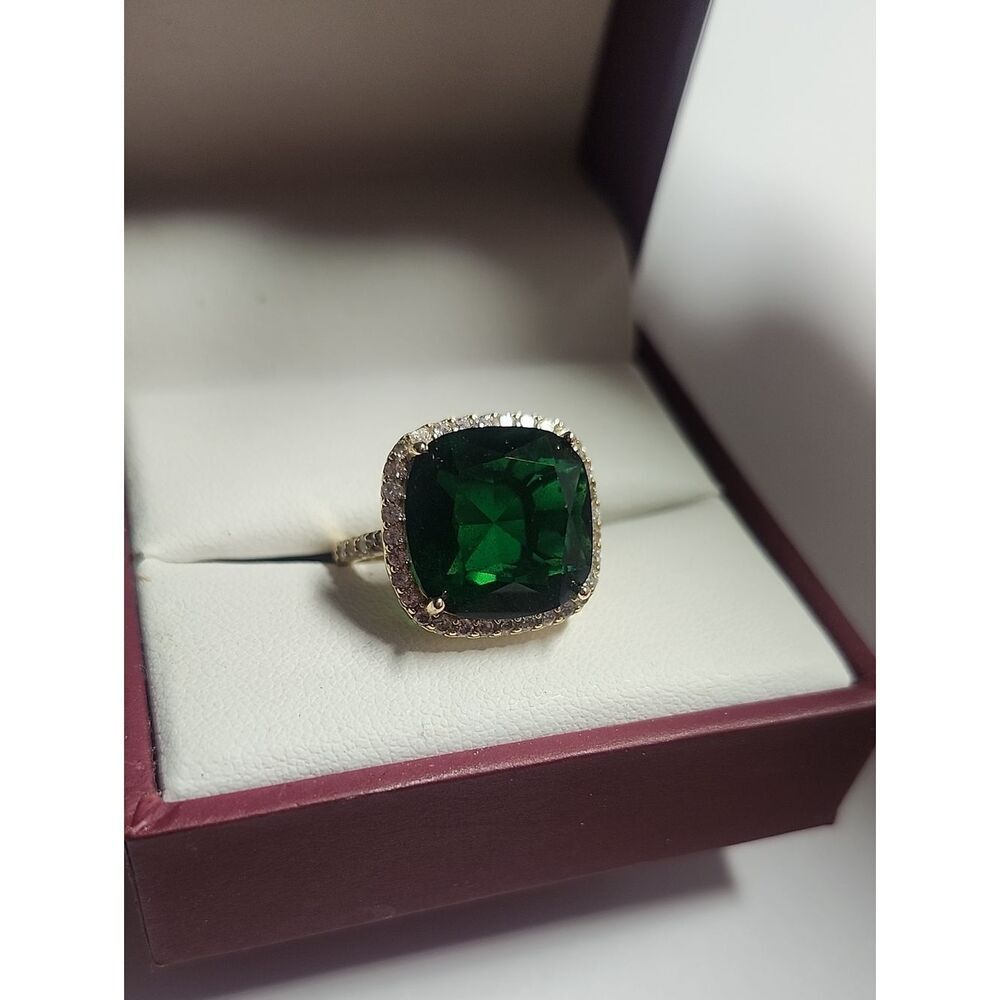 Fuzion Creations Gold Over Sterling Silver Cushion Green Halo Ring w/ Pavé Band